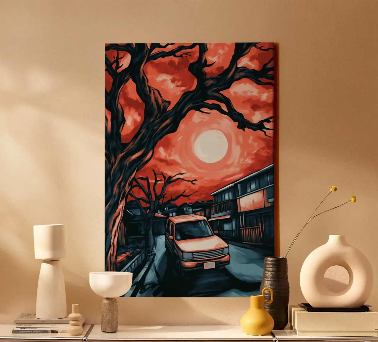 Il cielo rosso sangue sulla città tela con Cornice a cassetta da melipo-art