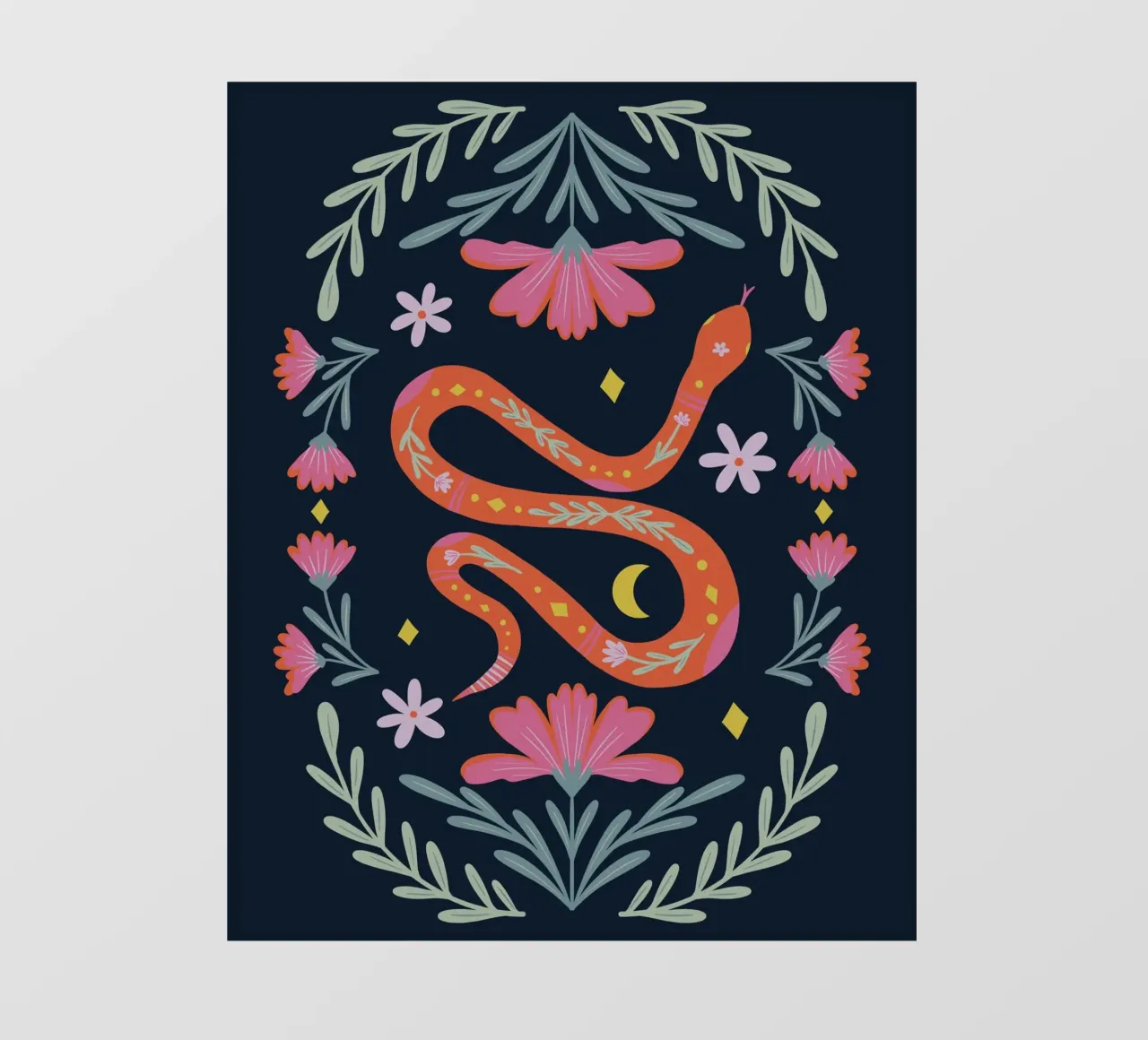 Simpatico serpente floreale - arancione e rosa su sfondo scuro telo in pvc da Wackapacka