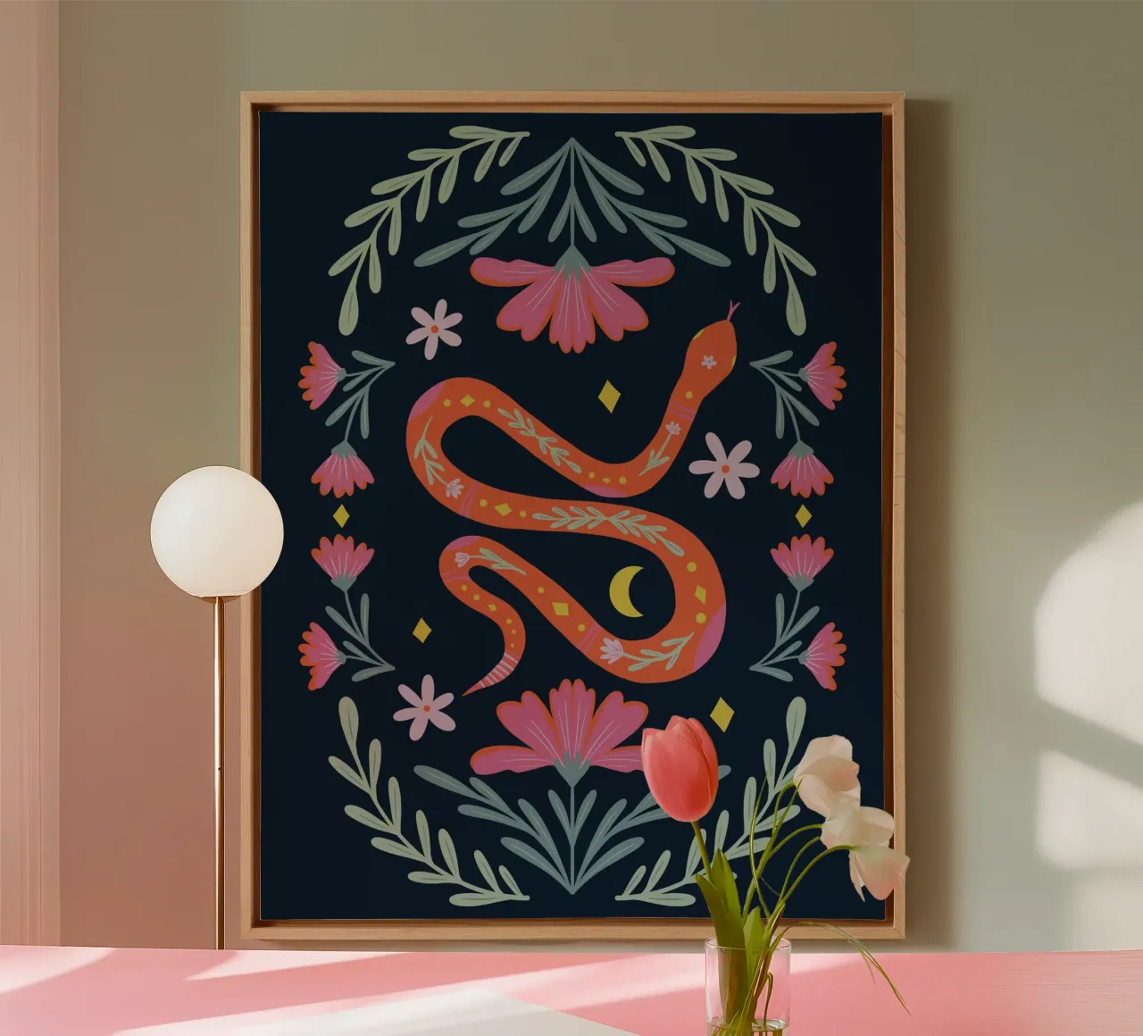 Schattige bloemen slang - oranje en roze op een donkere achtergrond canvas met Baklijst van Wackapacka