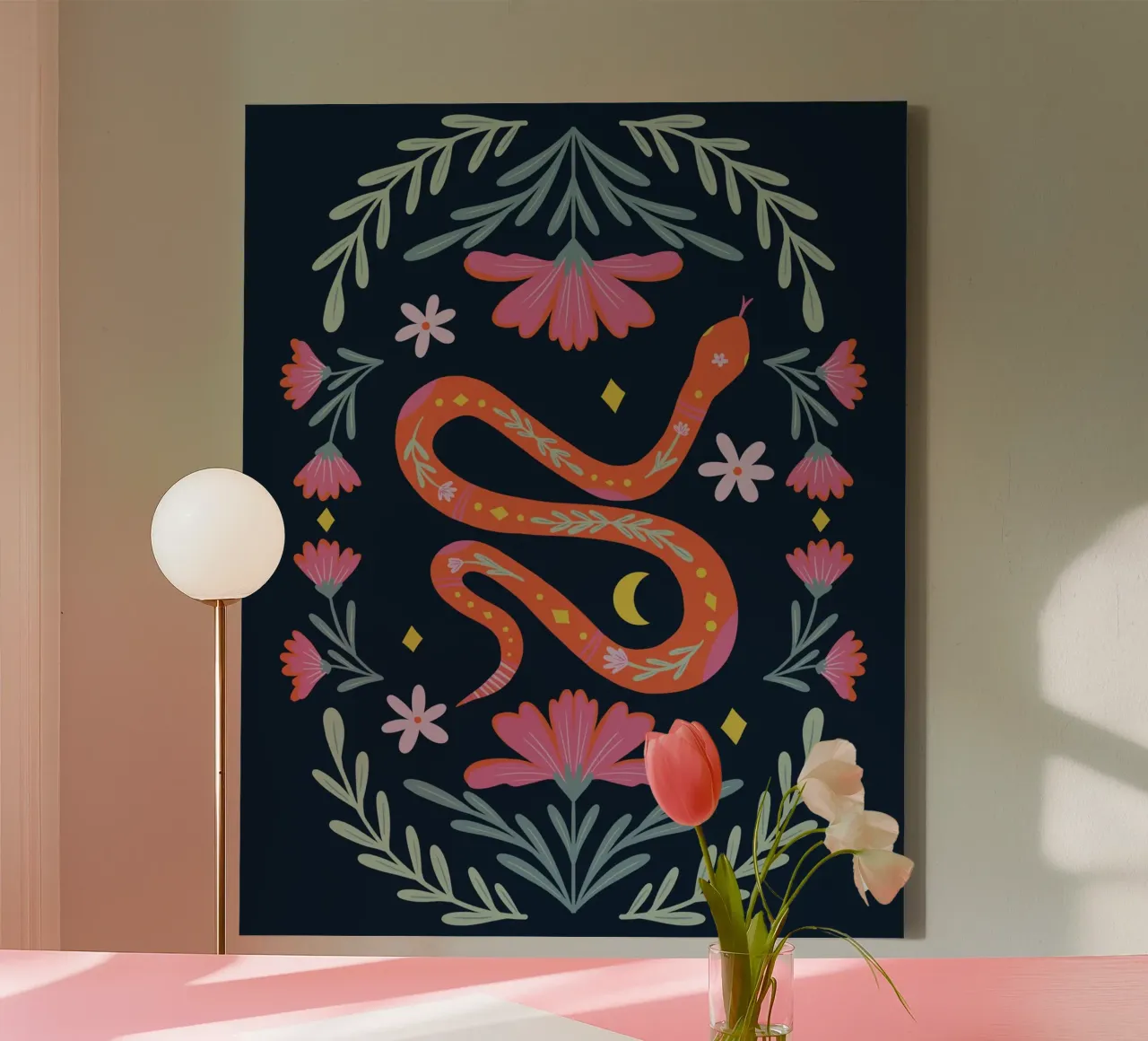 Schattige bloemen slang - oranje en roze op een donkere achtergrond canvas met Baklijst van Wackapacka