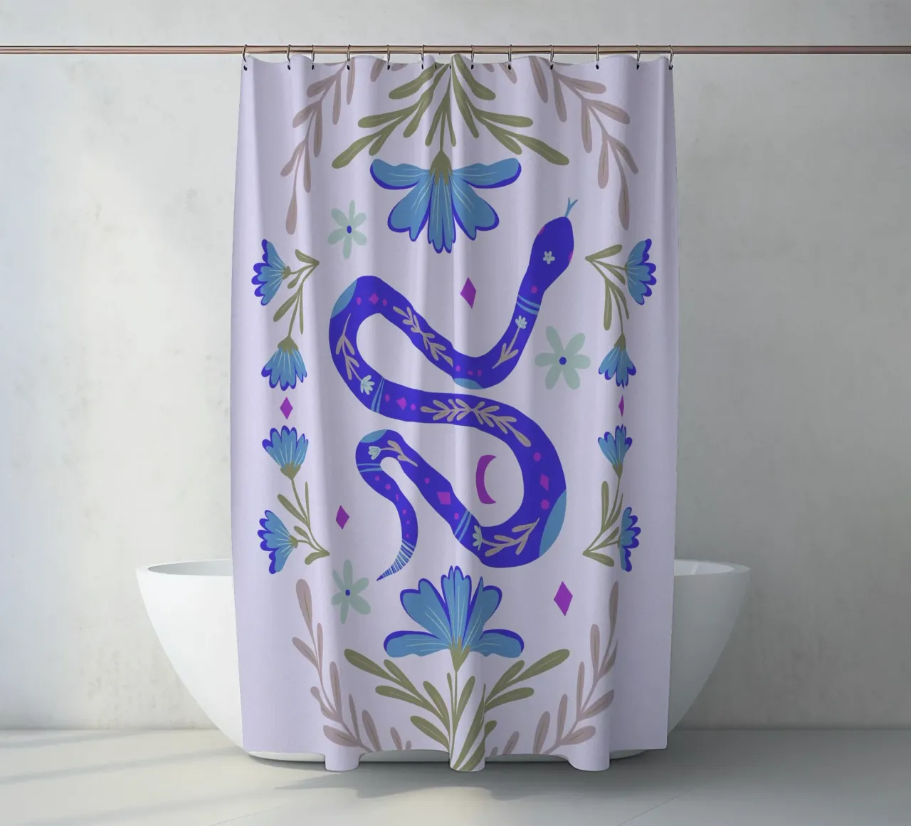 Cute floral snake - blue shower curtain by Wackapacka