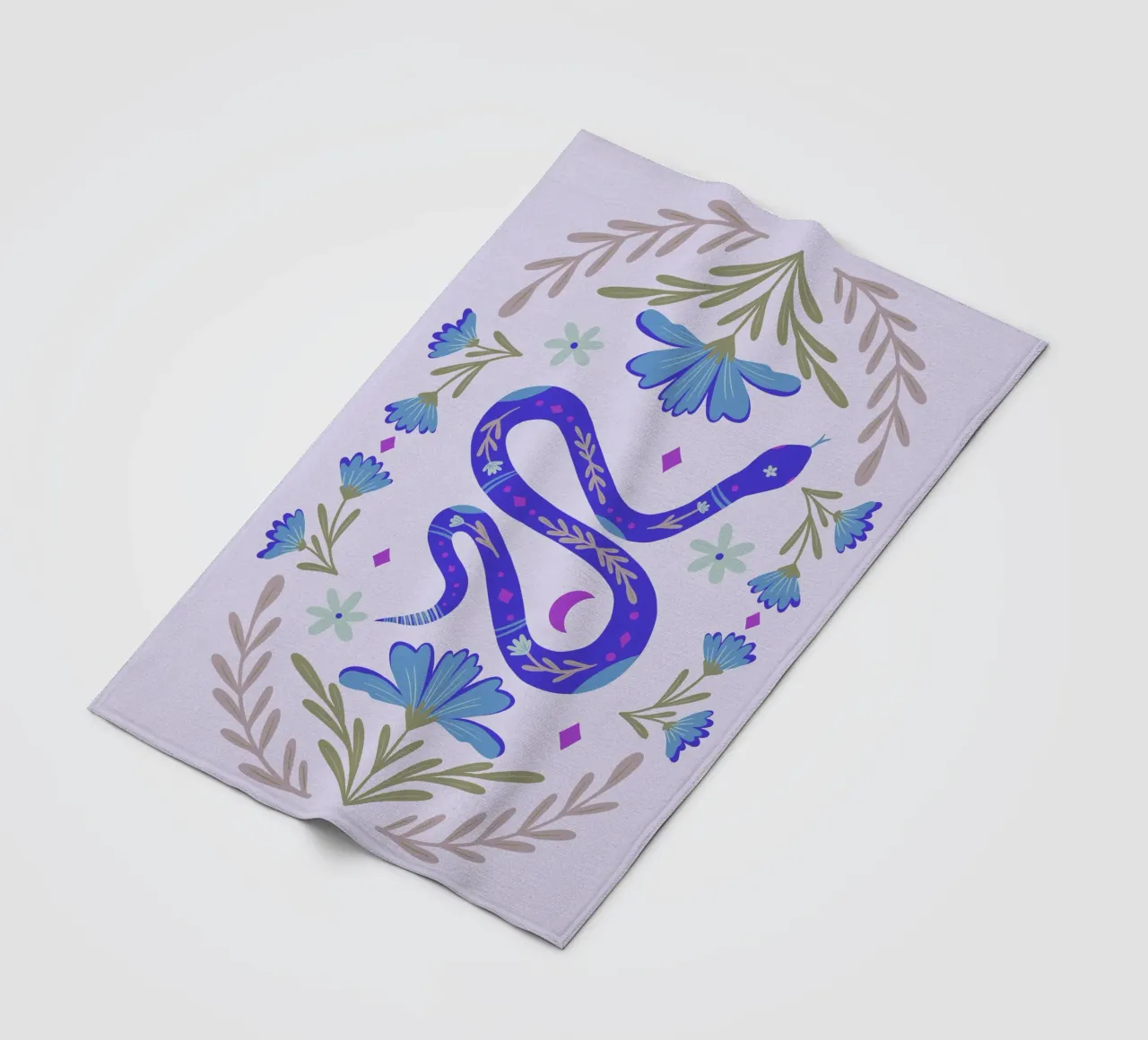 Cute floral snake - blue fleece blanket by Wackapacka