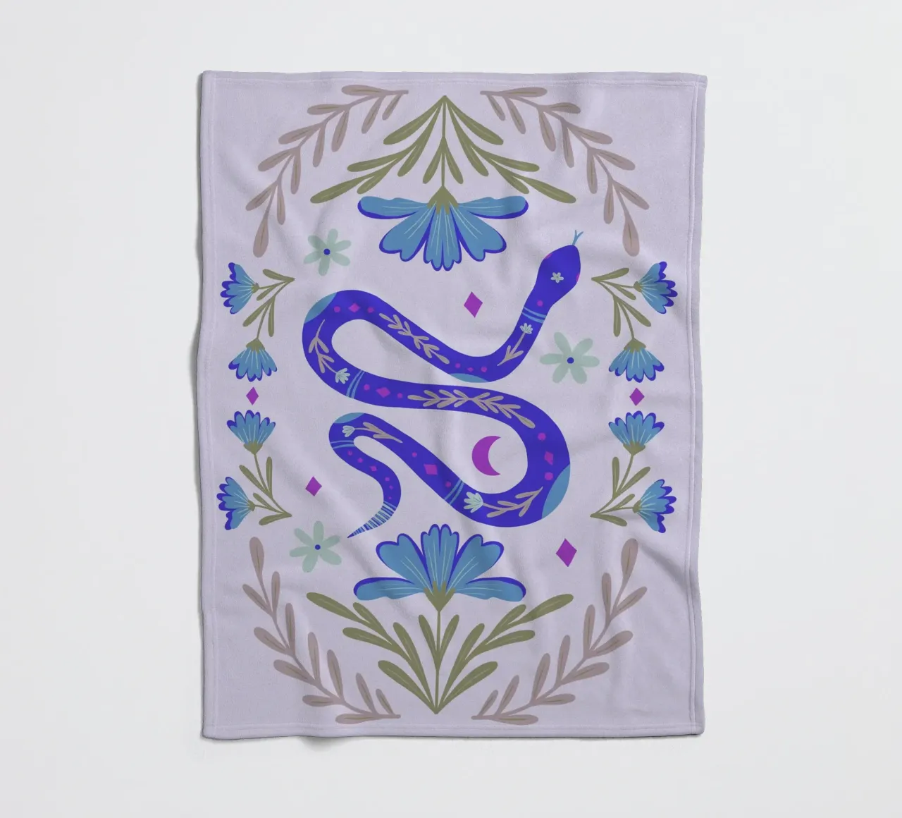 Cute floral snake - blue fleece blanket by Wackapacka
