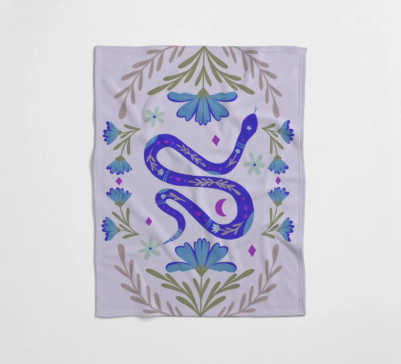 Cute floral snake - blue fleece blanket by Wackapacka