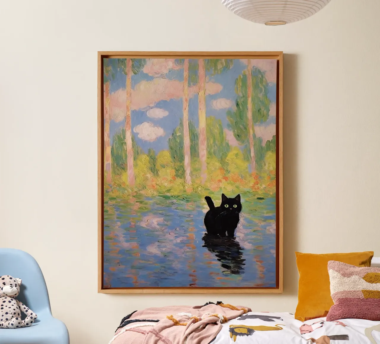 Zwarte kat, op Monet geïnspireerd landschap canvas met Baklijst van Peaches Art Prints