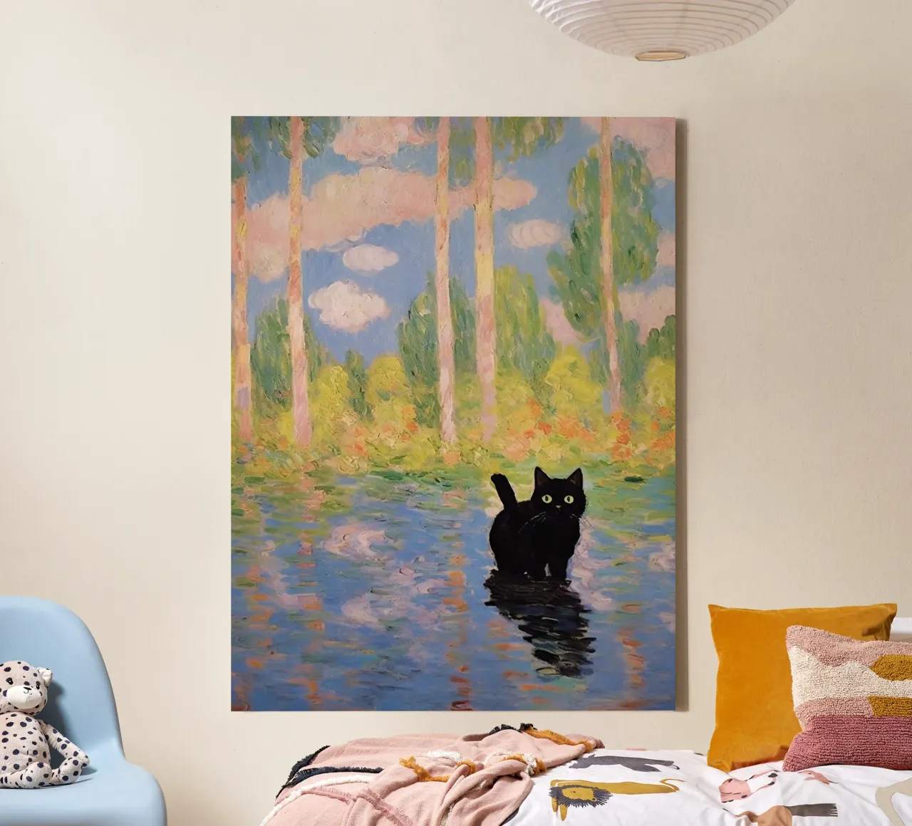 Zwarte kat, op Monet geïnspireerd landschap canvas met Baklijst van Peaches Art Prints