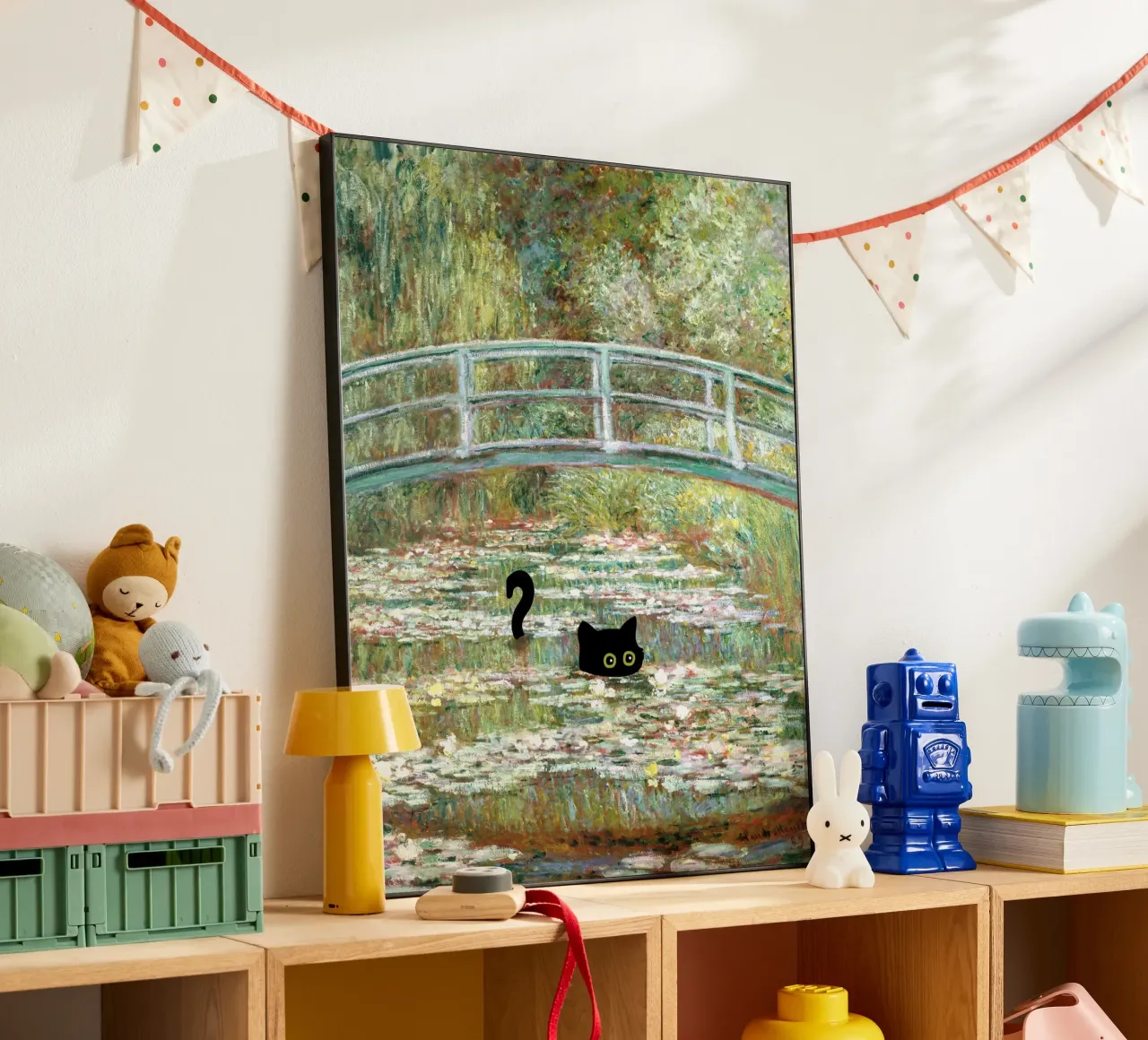 Ponte del gatto nero su uno stagno di ninfee di Claude Monet alluminio dibond da Peaches Art Prints