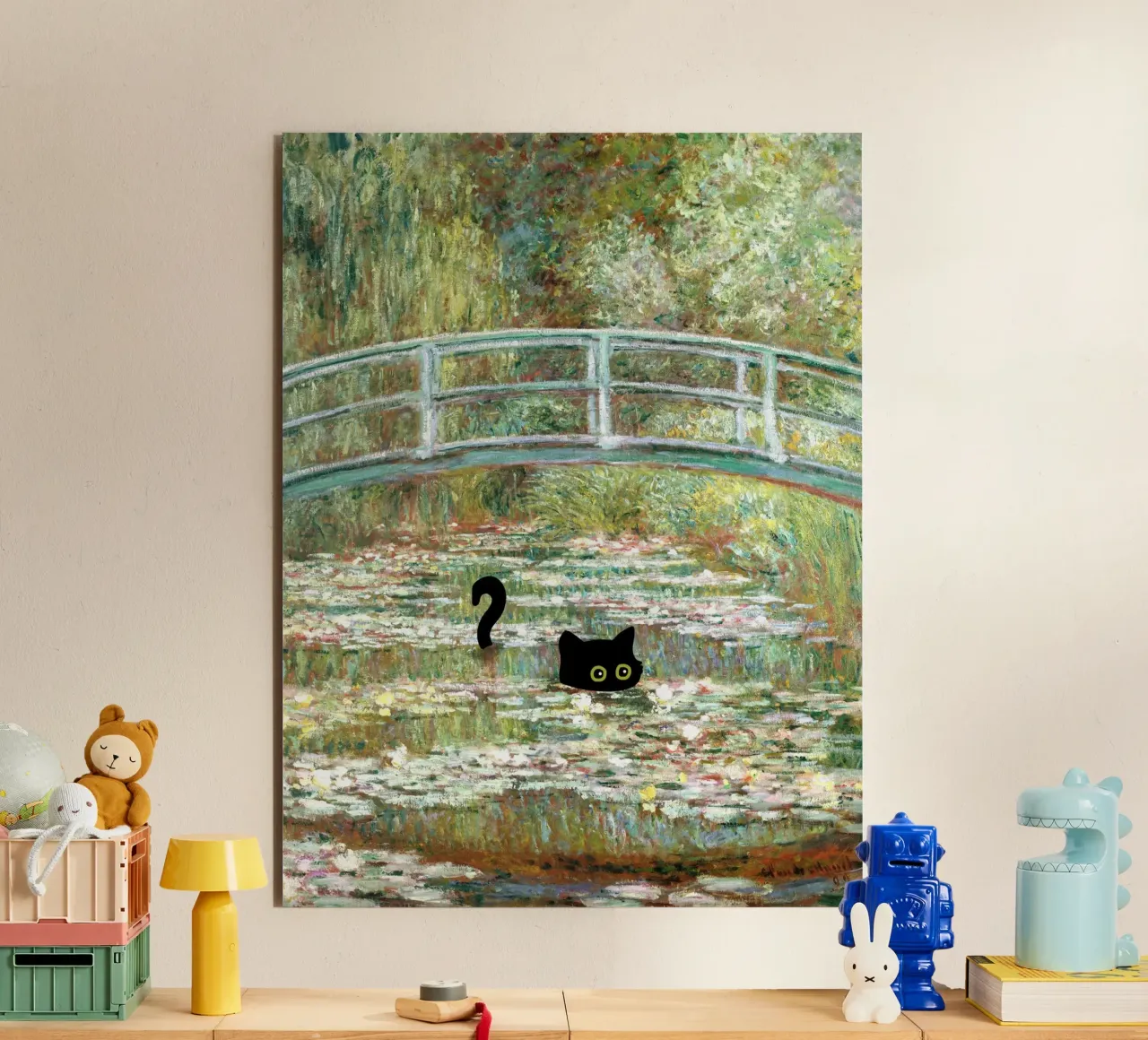 Ponte del gatto nero su uno stagno di ninfee di Claude Monet alluminio dibond da Peaches Art Prints
