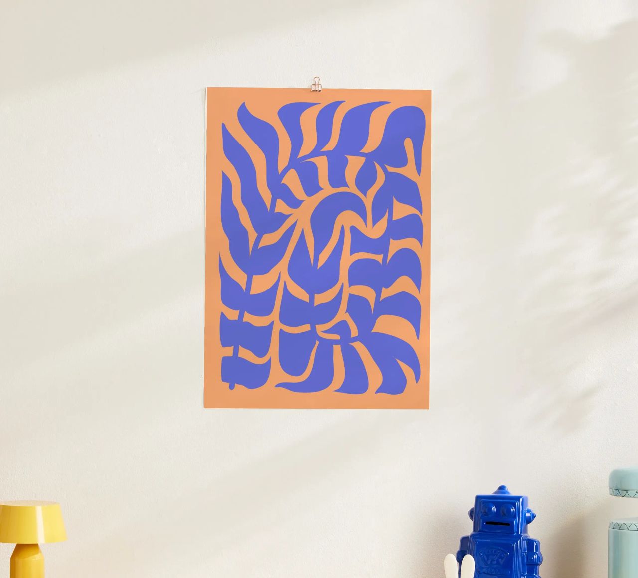 Vivid Harmony: Blue Leaf & Fiery Glow | Design Art poster by PrintCessStudio