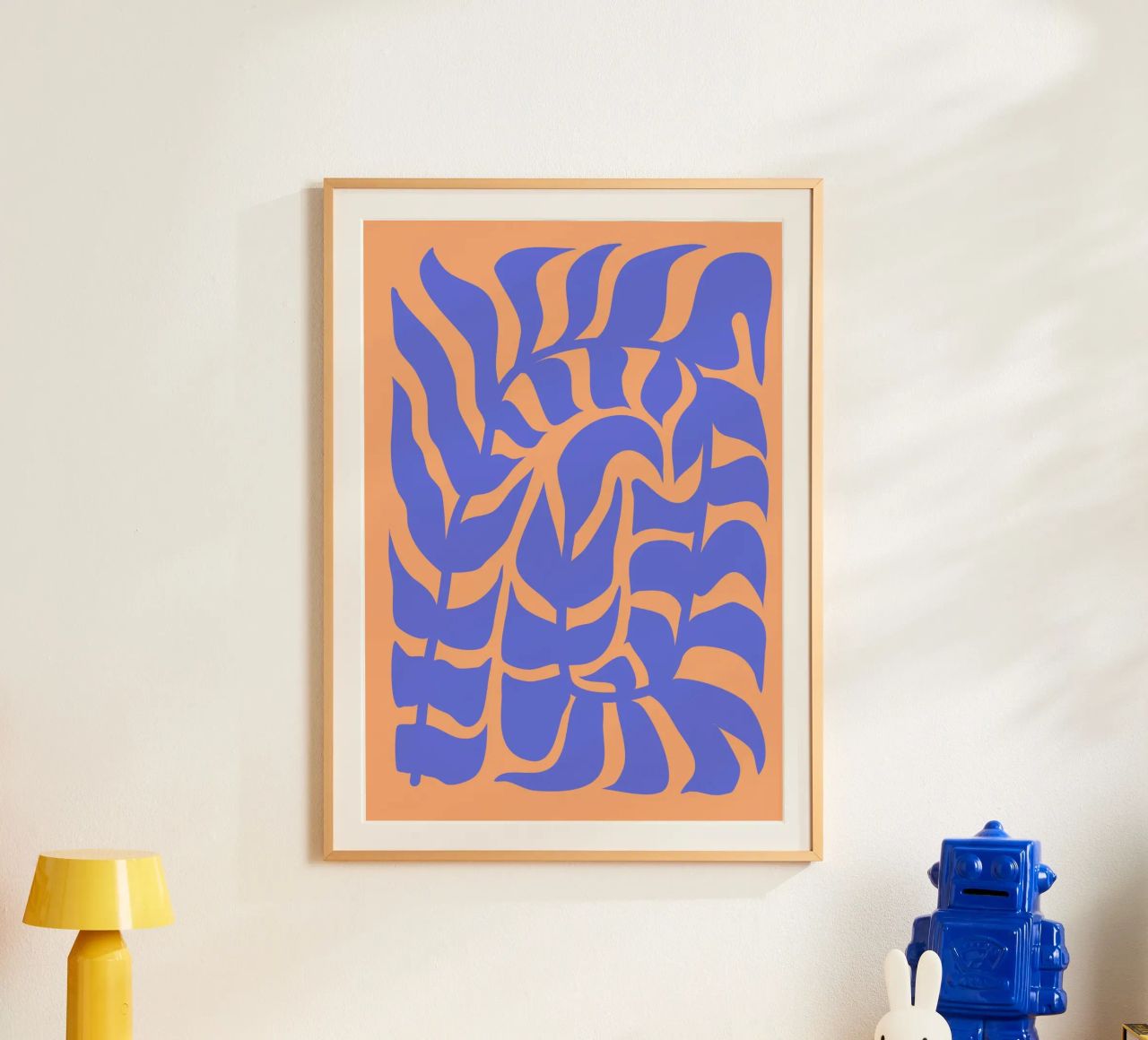 Vivid Harmony: Blue Leaf & Fiery Glow | Design Art poster by PrintCessStudio