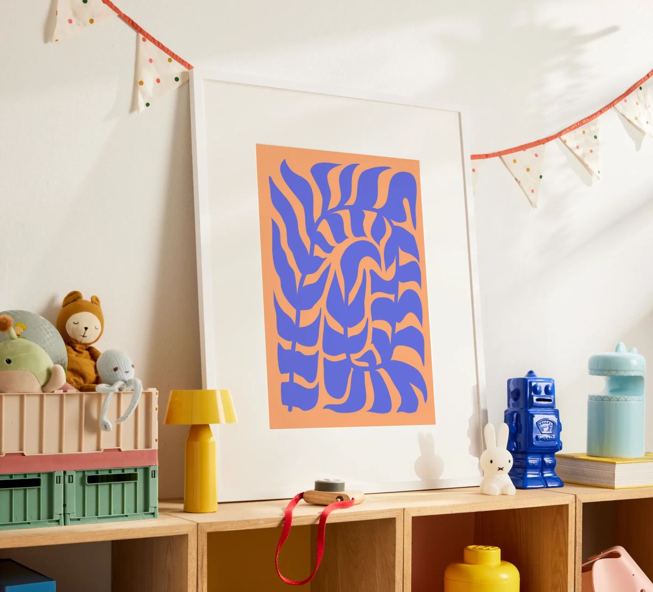 Vivid Harmony: Blue Leaf & Fiery Glow | Design Art poster by PrintCessStudio