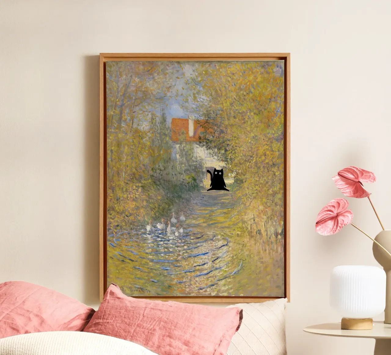 Claude Monet De ganzen, zwarte katten in beroemde tuinen canvas met Baklijst van Peaches Art Prints
