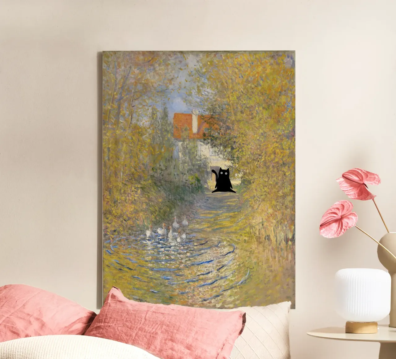 Claude Monet De ganzen, zwarte katten in beroemde tuinen canvas met Baklijst van Peaches Art Prints