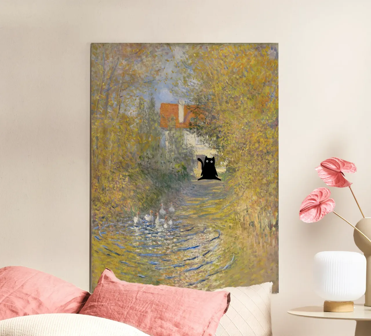 Claude Monet Die Gänse, Schwarze Katzen in berühmten Gärten Poster mit Holzrahmen von Peaches Art Prints