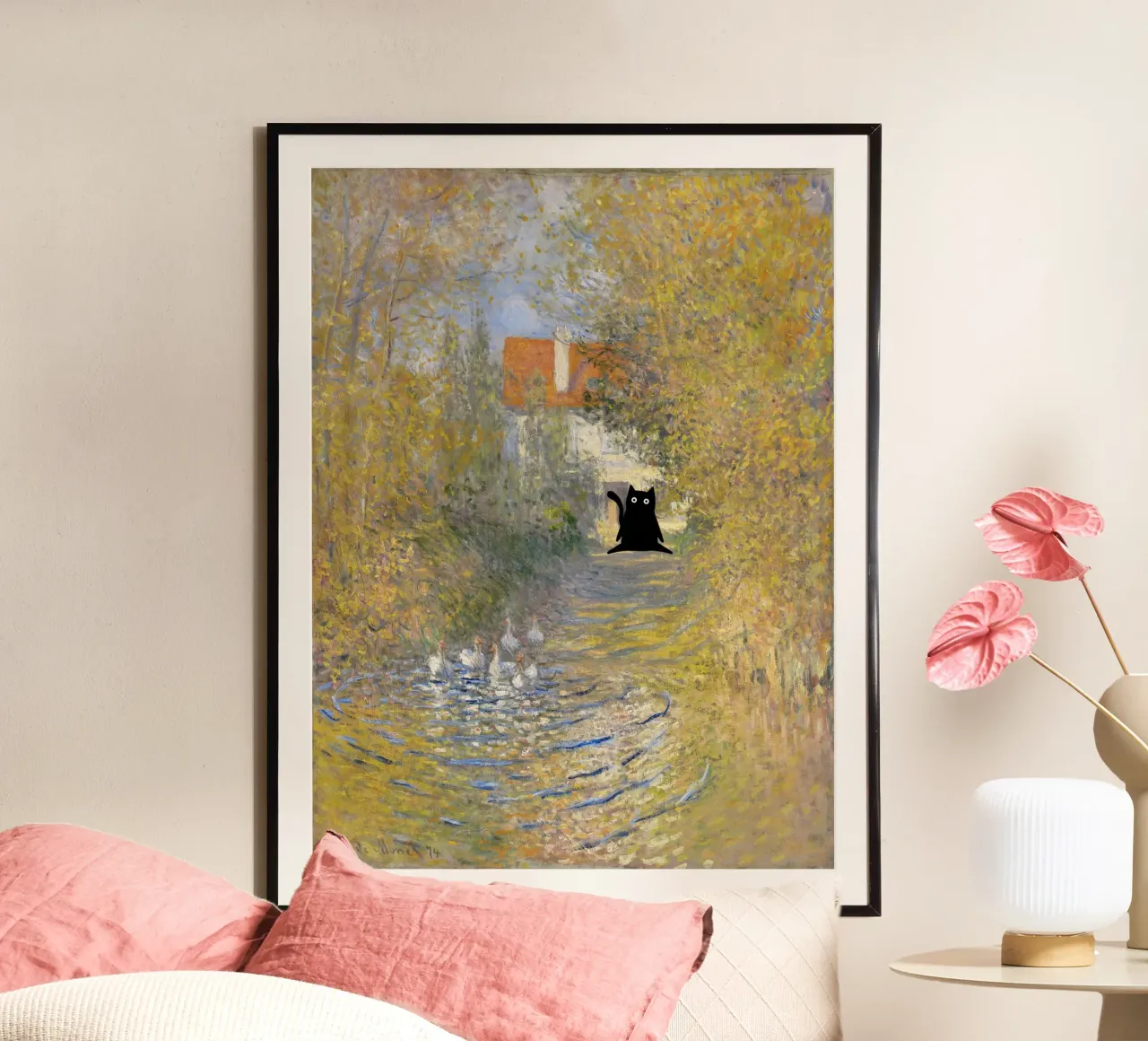 Claude Monet Die Gänse, Schwarze Katzen in berühmten Gärten Poster mit Holzrahmen von Peaches Art Prints