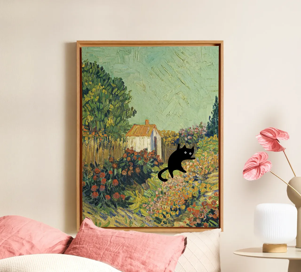 Vincent Van Gogh Landschap, Katten in beroemde tuinen canvas met Baklijst van Peaches Art Prints