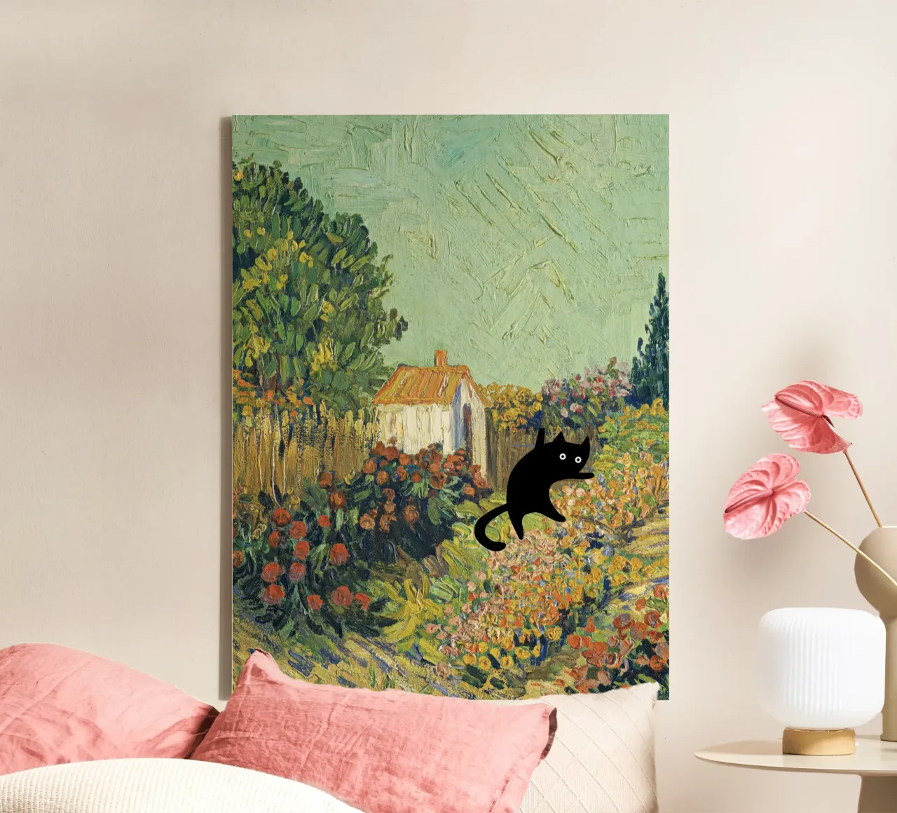 Vincent Van Gogh Landschap, Katten in beroemde tuinen canvas met Baklijst van Peaches Art Prints