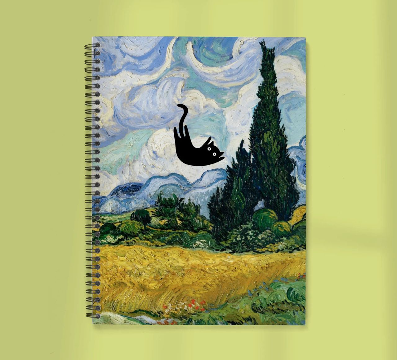 Van Gogh Wheat Field with Cypresses, Black Cat spiral notebook by Peaches Art Prints