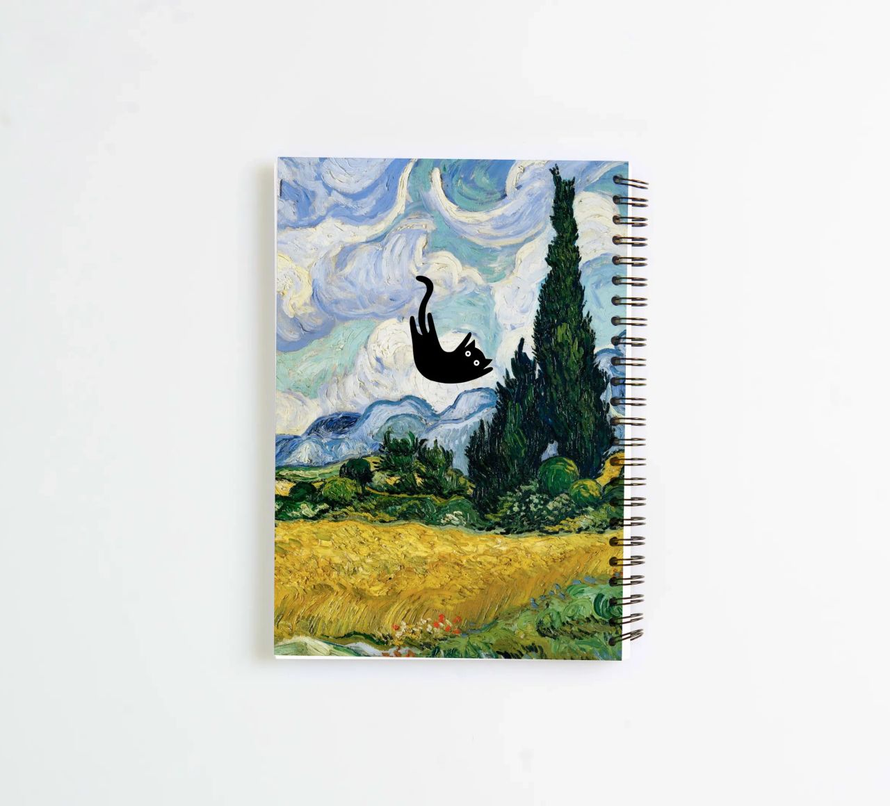 Van Gogh Wheat Field with Cypresses, Black Cat spiral notebook by Peaches Art Prints