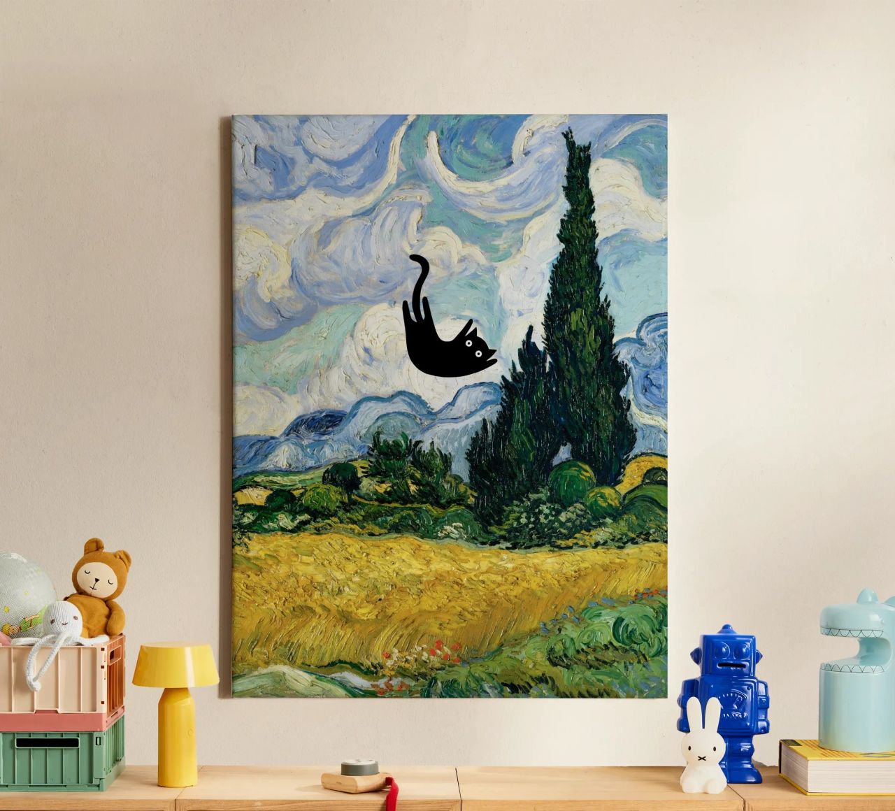 Van Gogh Wheat Field with Cypresses, Black Cat canvas by Peaches Art Prints