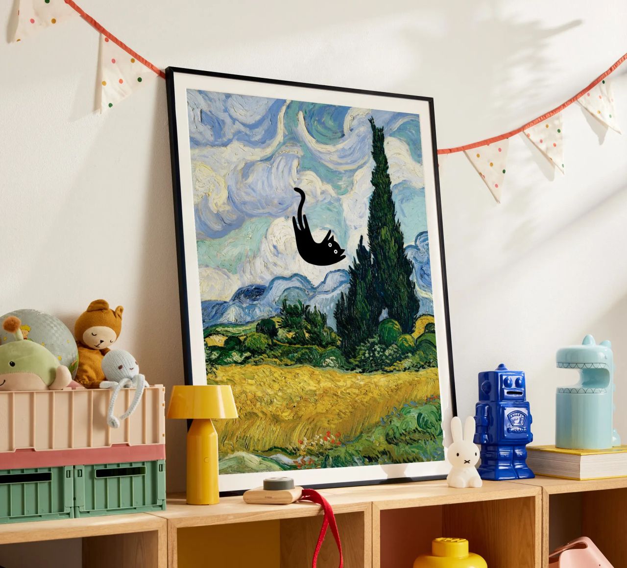 Van Gogh Wheat Field with Cypresses, Black Cat poster by Peaches Art Prints