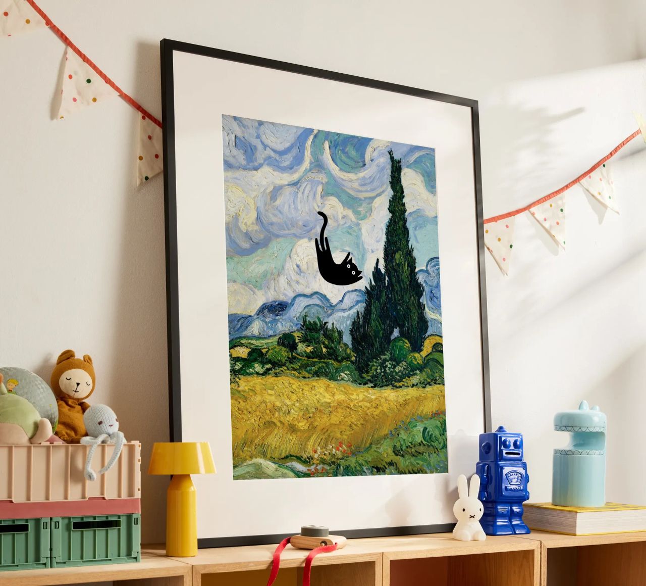 Van Gogh Wheat Field with Cypresses, Black Cat poster by Peaches Art Prints