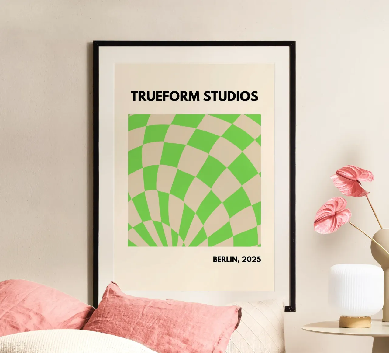 Green Checkered Vibes – Modern Design poster with wooden frame by PrintCessStudio