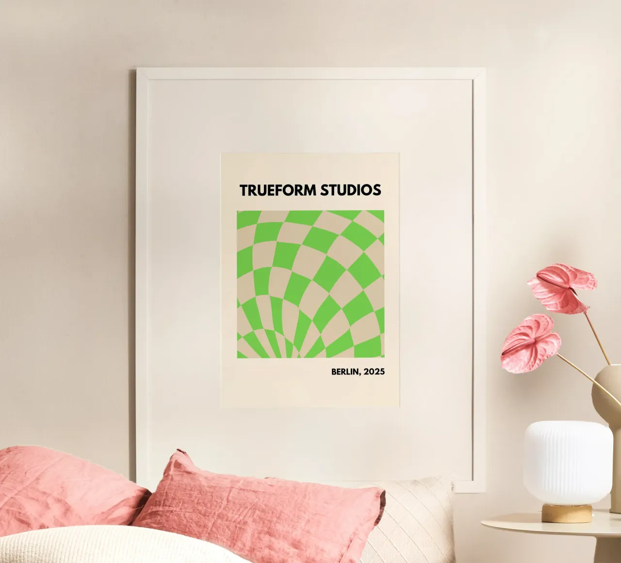 Green Checkered Vibes – Modern Design poster with wooden frame by PrintCessStudio