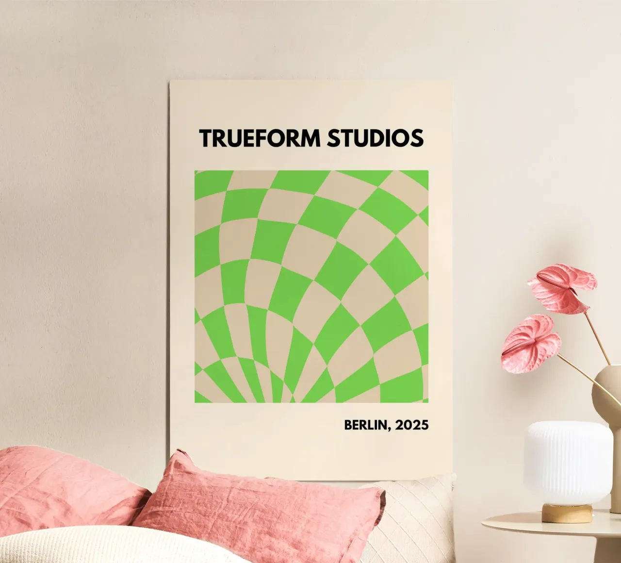 Green Checkered Vibes – Modern Design poster with wooden frame by PrintCessStudio