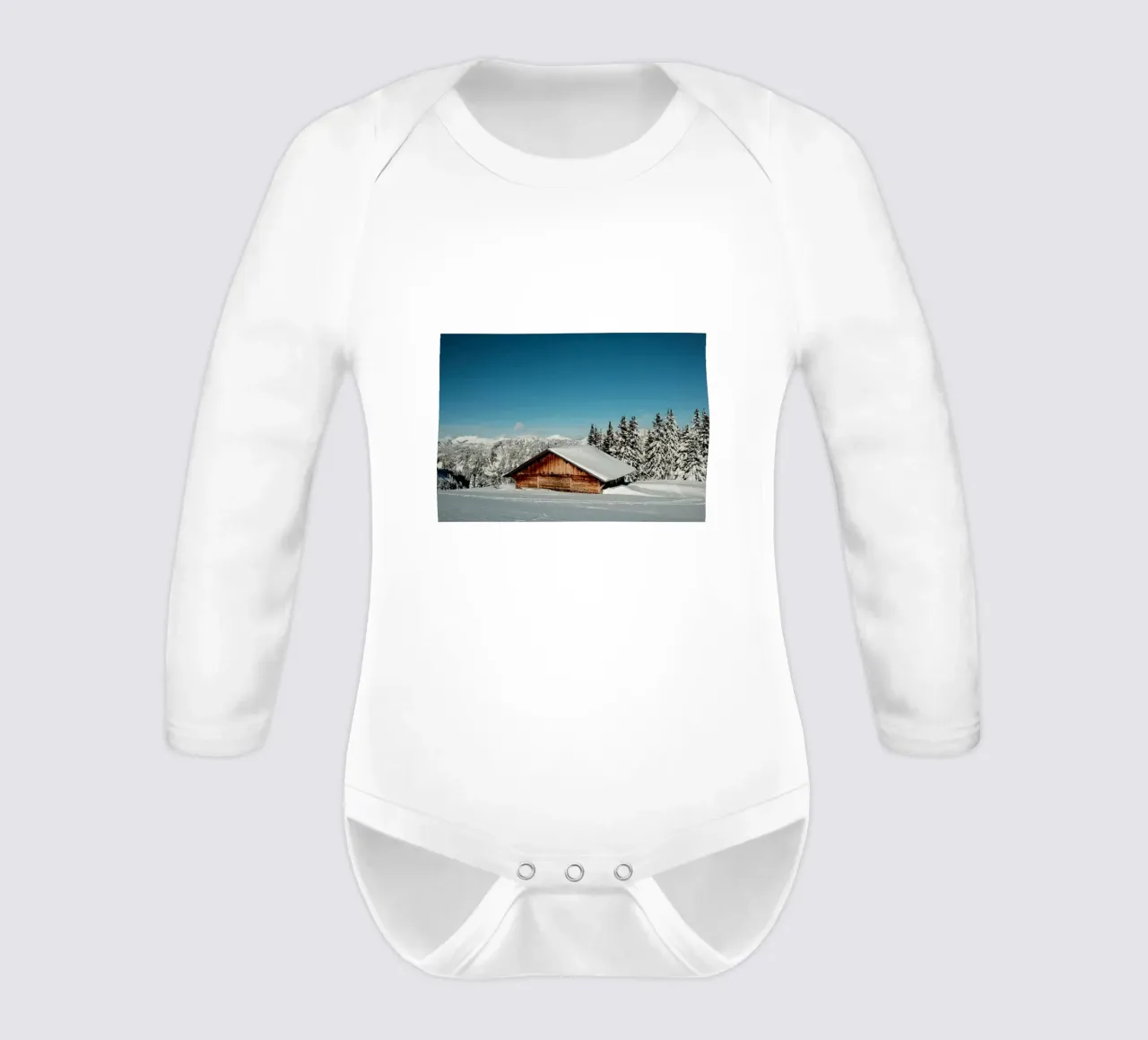 Alpine Winter Retreat long-sleeve baby romper by FujiSwiss