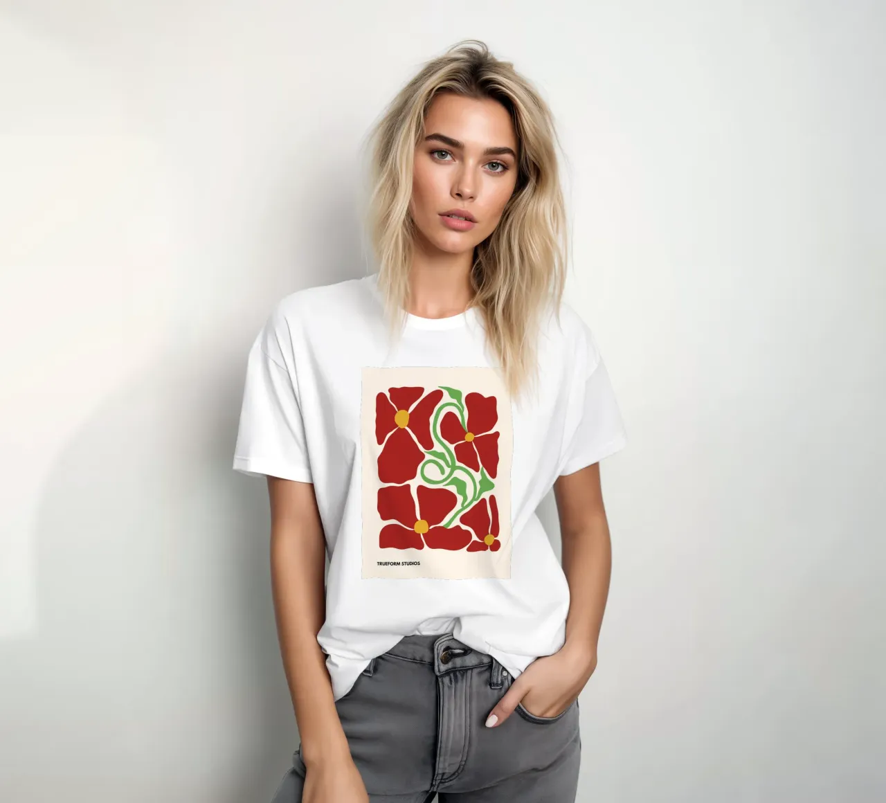 Red Blossom Dreams: Abstract Floral Design t-shirt da PrintCessStudio