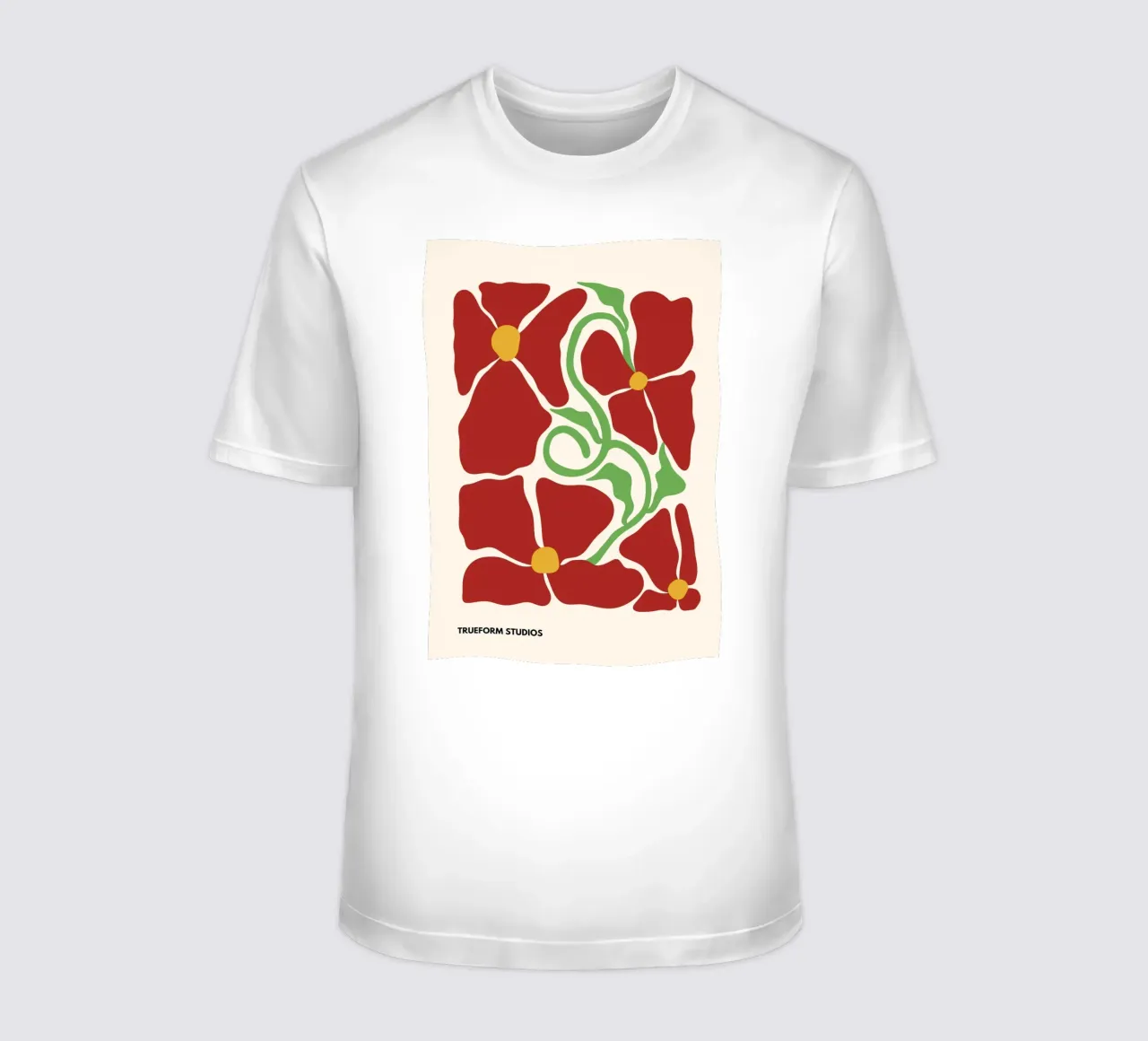 Red Blossom Dreams: Abstract Floral Design t-shirt da PrintCessStudio