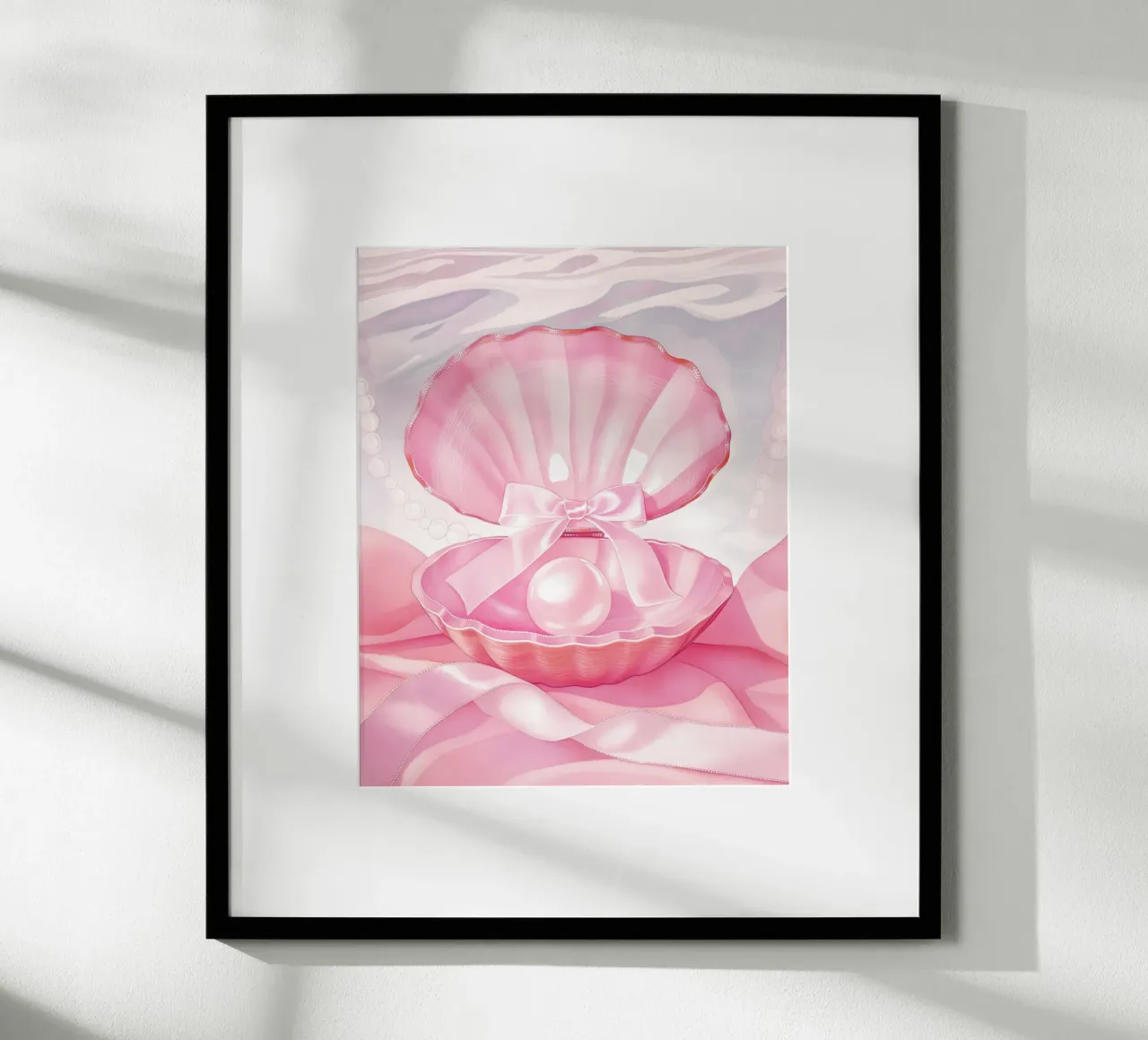 Fiocco rosa Conchiglie di mare Perla Retro Coquette francese Valentine poster con telaio in alluminio da Gentle Echoes Art