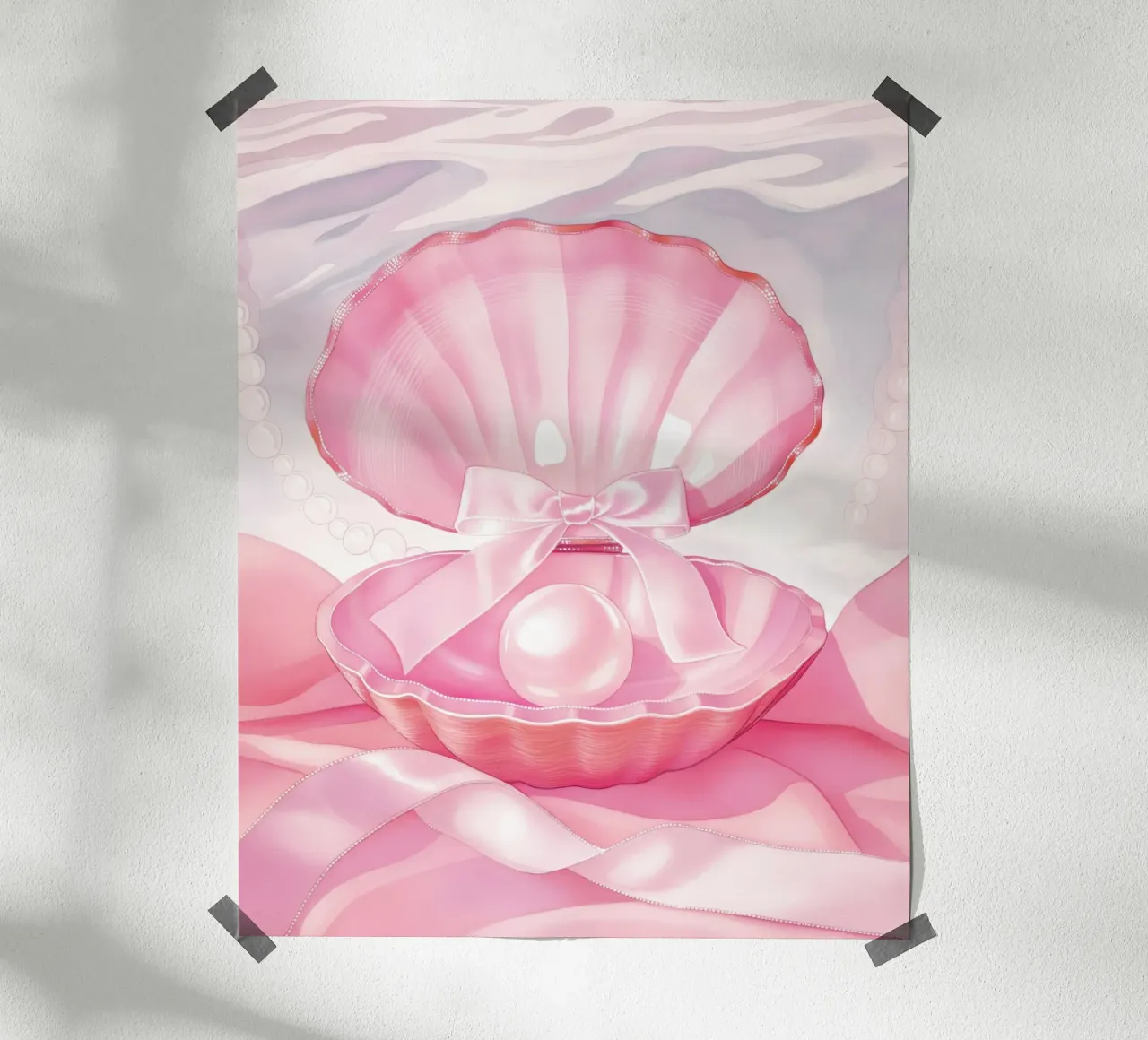Fiocco rosa Conchiglie di mare Perla Retro Coquette francese Valentine poster con telaio in alluminio da Gentle Echoes Art