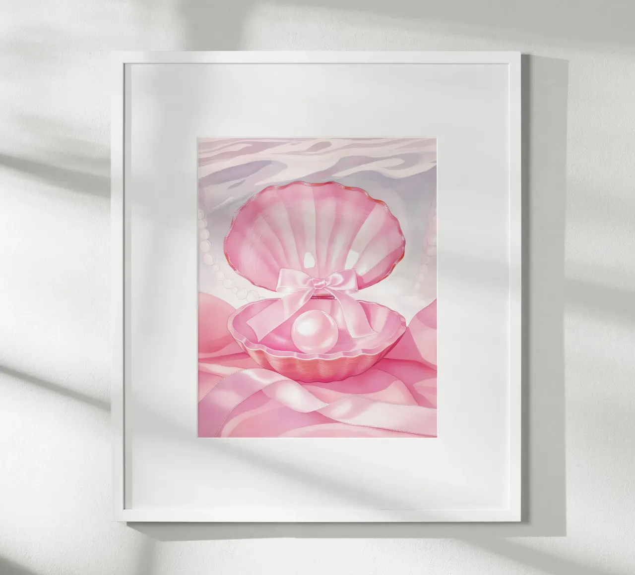 Fiocco rosa Conchiglie di mare Perla Retro Coquette francese Valentine poster con telaio in alluminio da Gentle Echoes Art