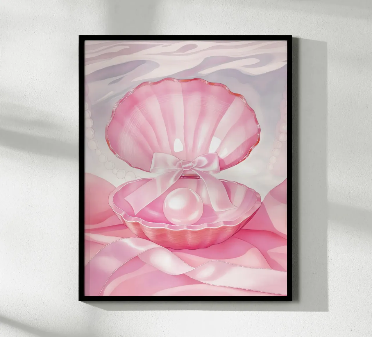 Fiocco rosa Conchiglie di mare Perla Retro Coquette francese Valentine poster con telaio in alluminio da Gentle Echoes Art