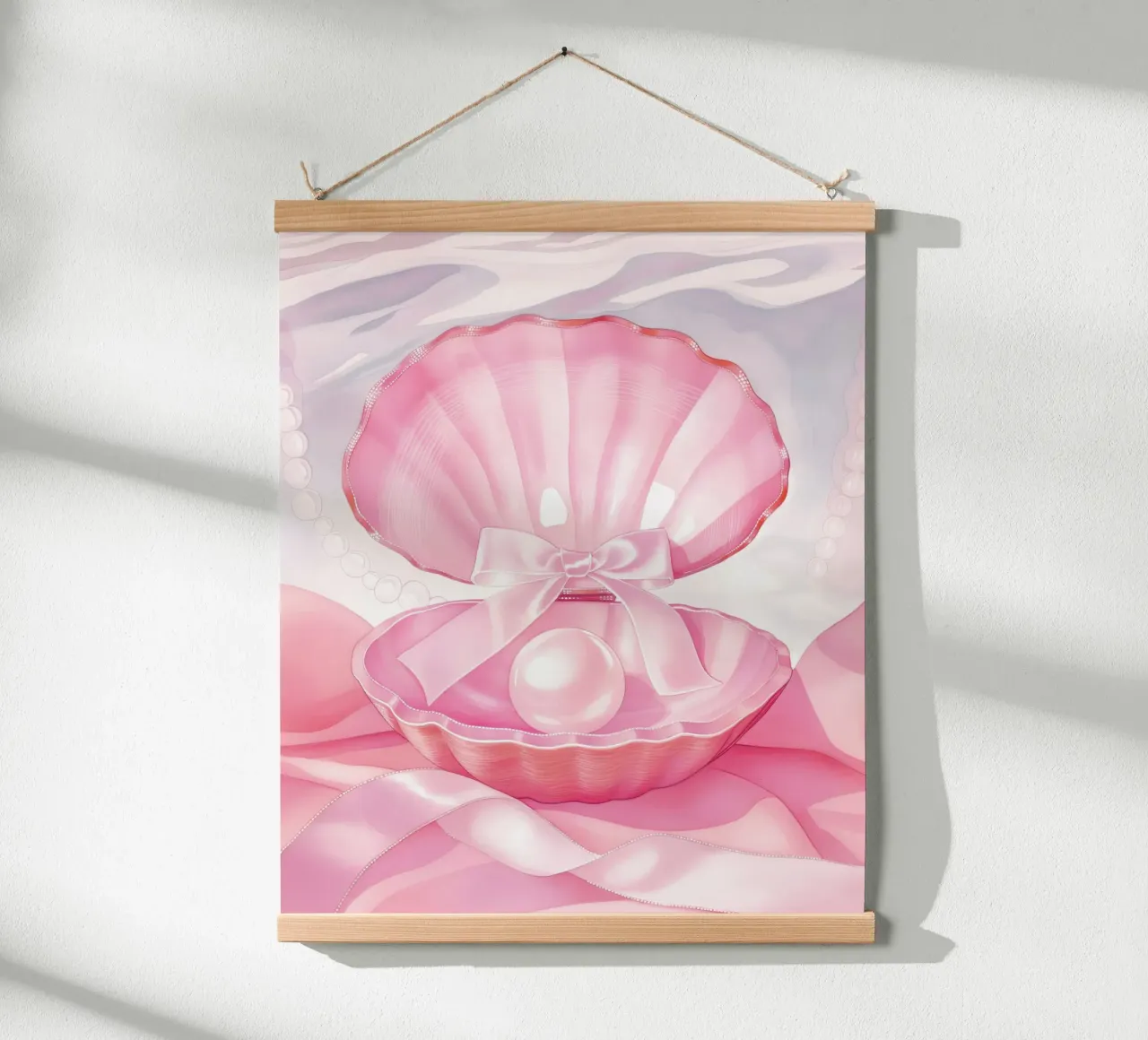 Fiocco rosa Conchiglie di mare Perla Retro Coquette francese Valentine poster con telaio in alluminio da Gentle Echoes Art