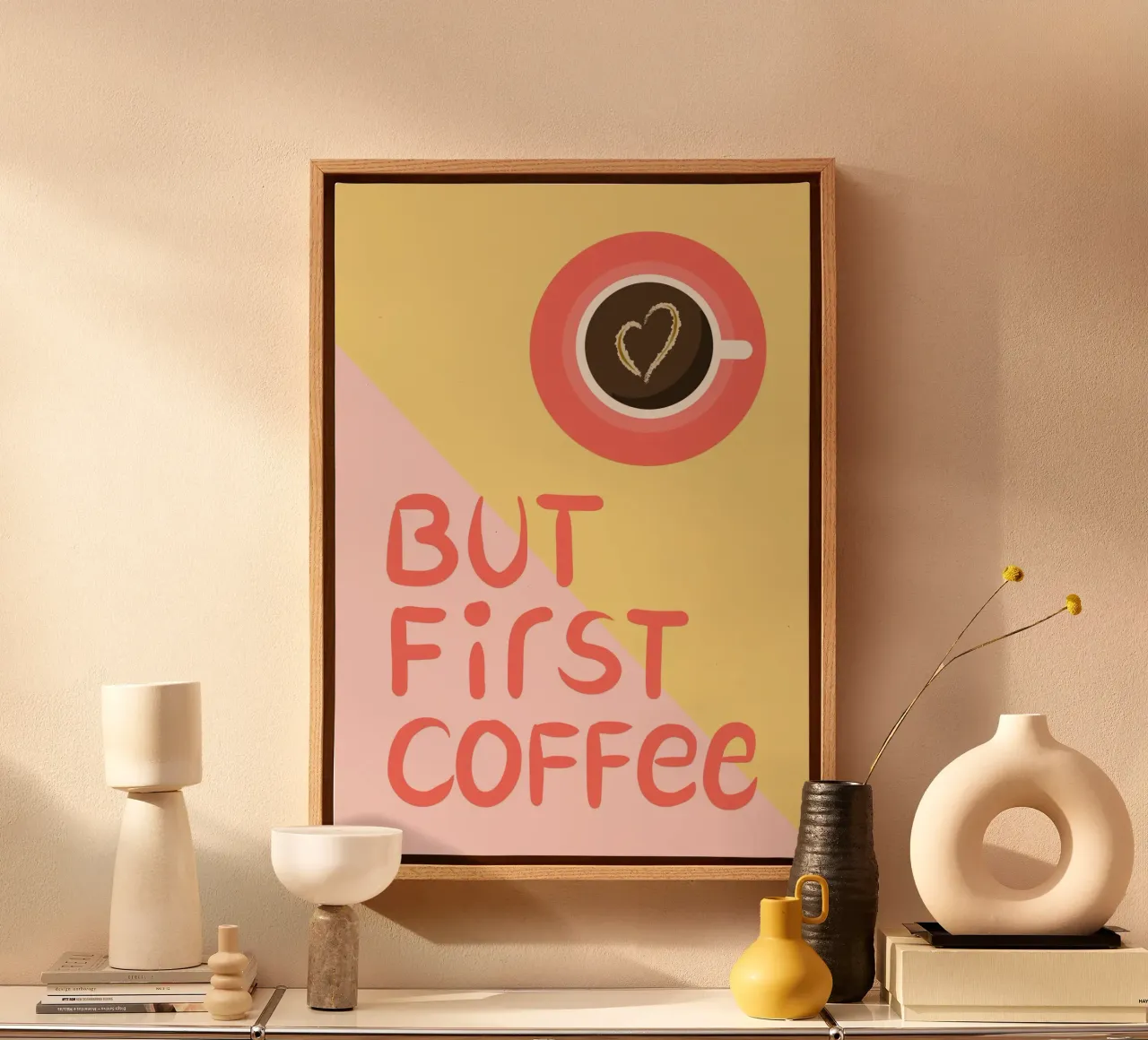 But first coffee - gelb/rosa - Kaffee, Küche Leinwand mit Schattenfugenrahmen von keinkonzept