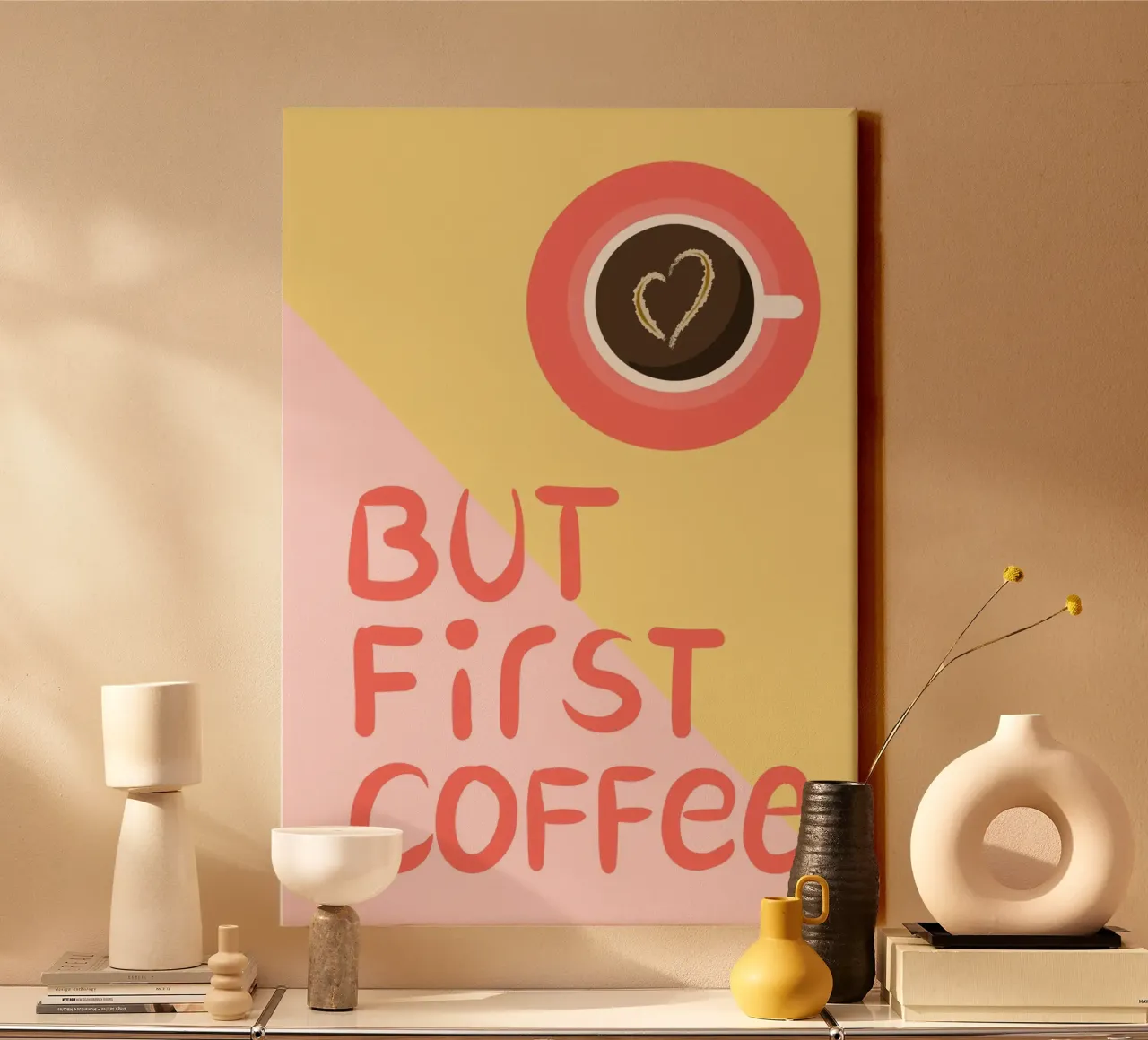But first coffee - gelb/rosa - Kaffee, Küche Leinwand mit Schattenfugenrahmen von keinkonzept