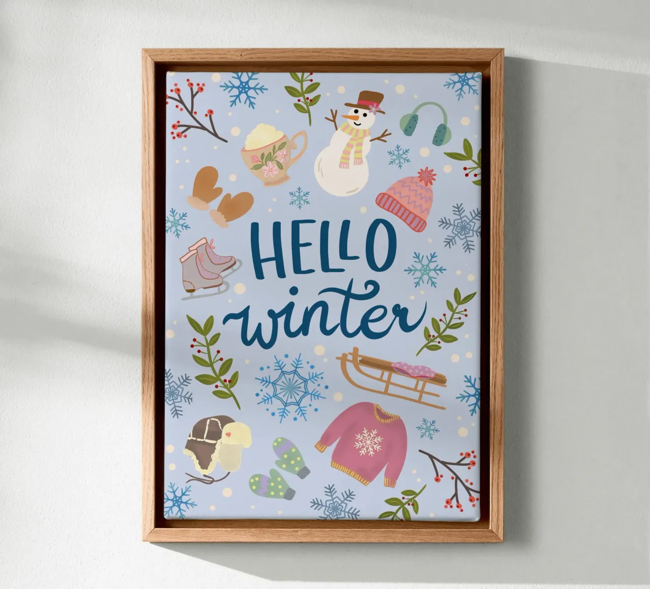 Ciao illustrazione invernale blu chiaro / colorato tela con Cornice a cassetta da keinkonzept