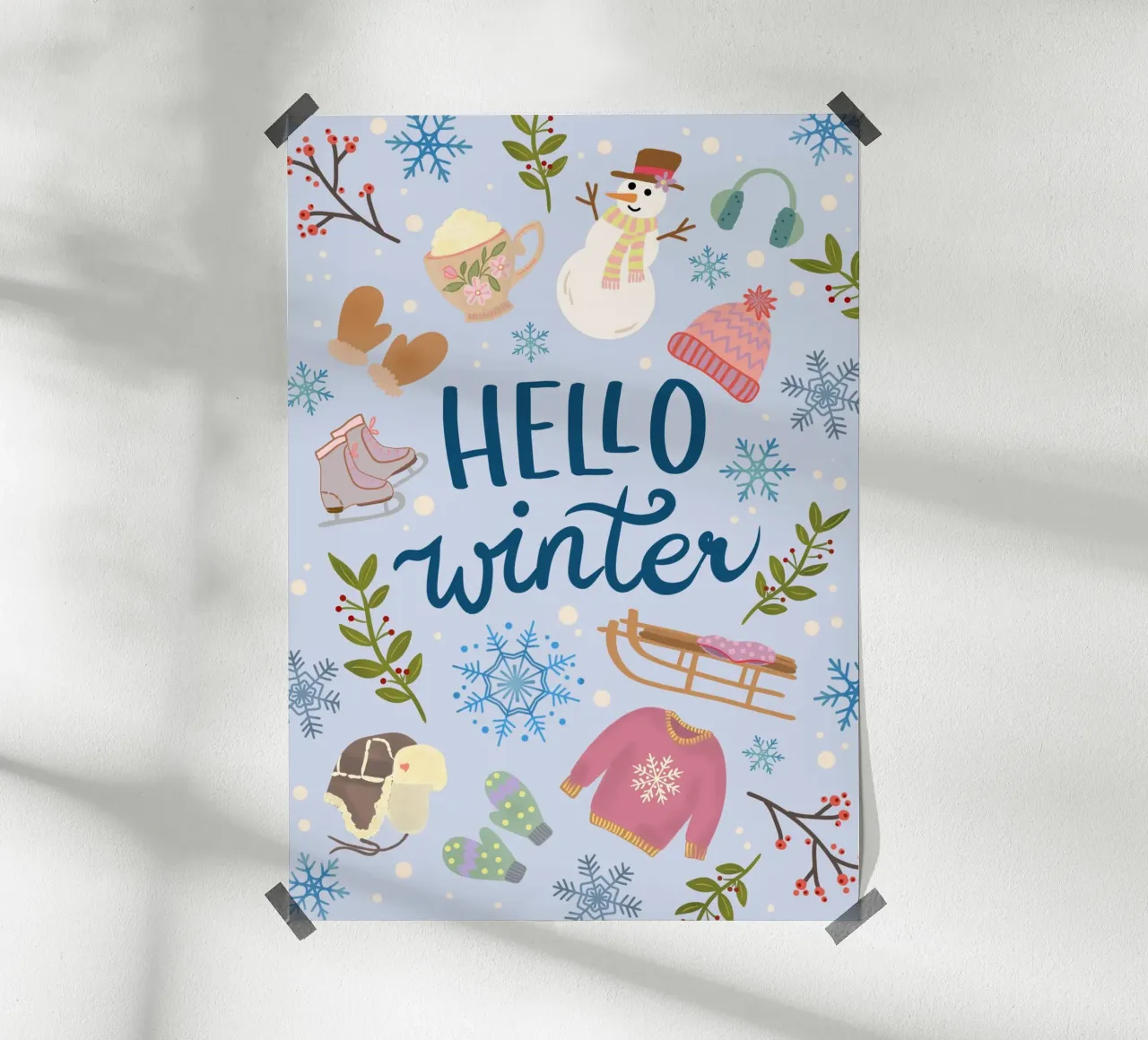 Ciao illustrazione invernale blu chiaro / colorato poster con telaio in alluminio da keinkonzept