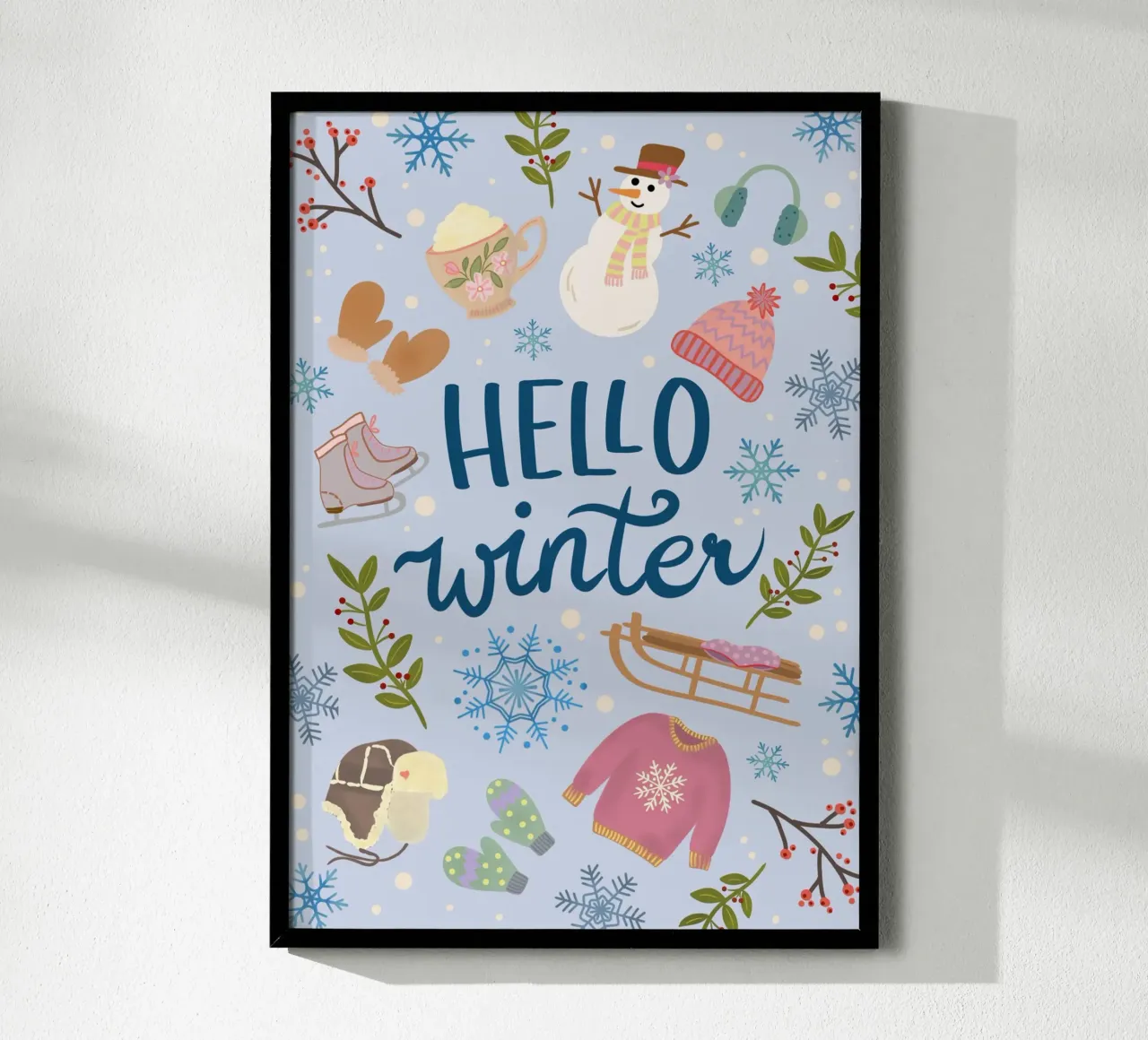 Ciao illustrazione invernale blu chiaro / colorato poster con telaio in alluminio da keinkonzept