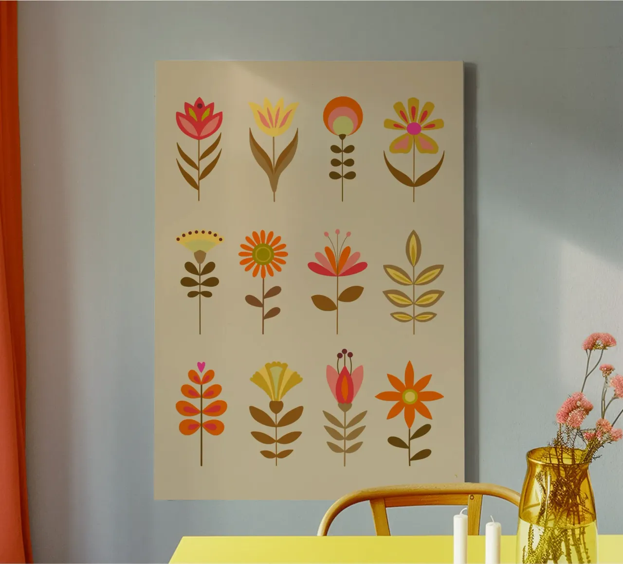 Fleurs rétro, fleurs rétro, printemps, été, automne toile avec Caisse américaine de keinkonzept