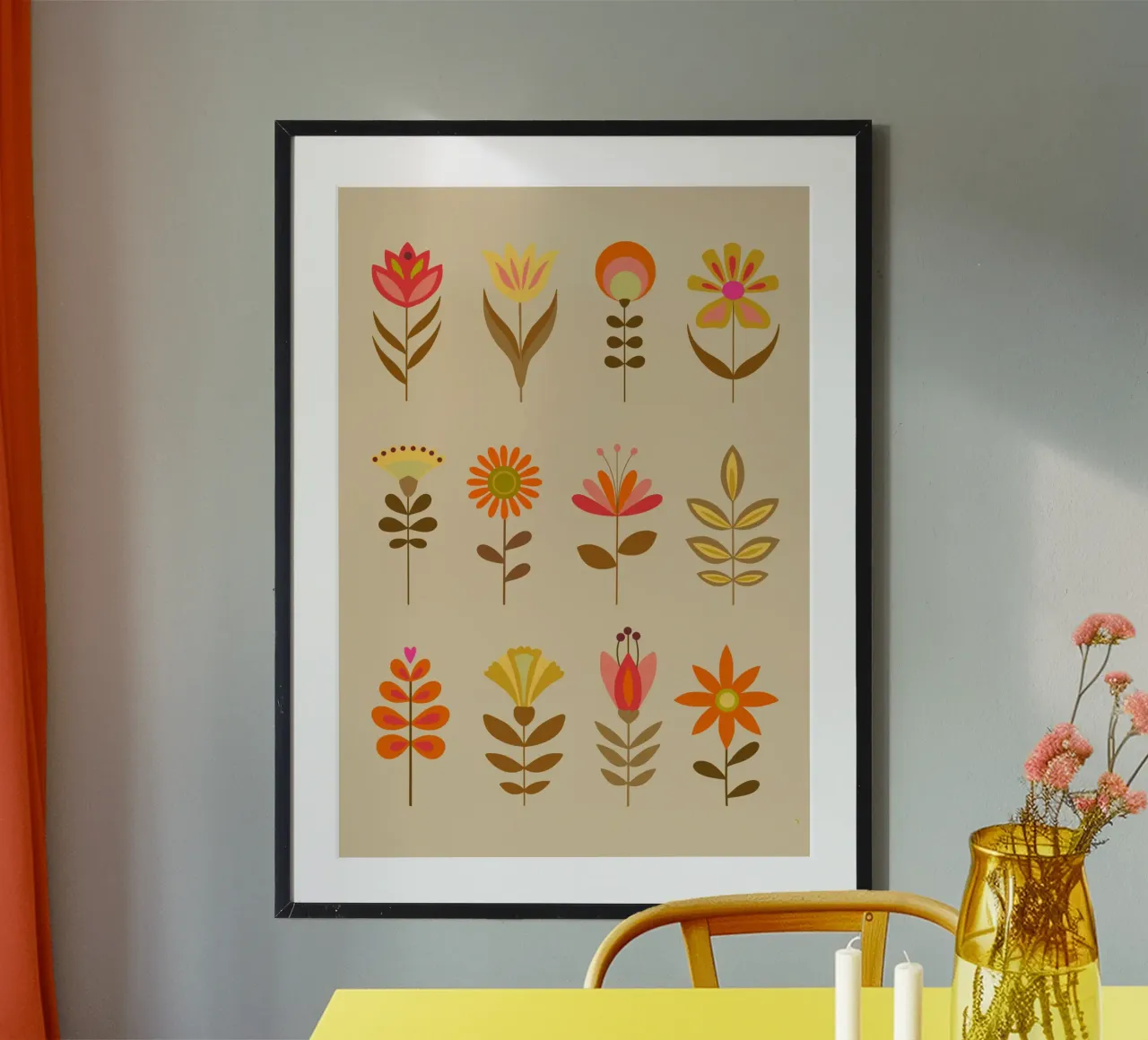 Flores retro, flores retro, primavera, verano, otoño poster con marco de aluminio de keinkonzept