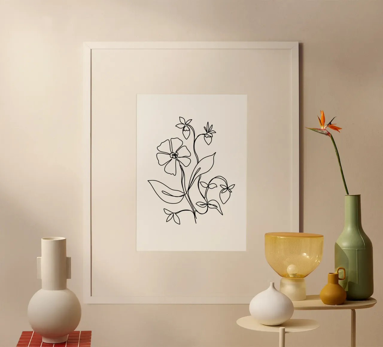 Fiori e fragole, disegno al tratto poster con telaio in alluminio da keinkonzept