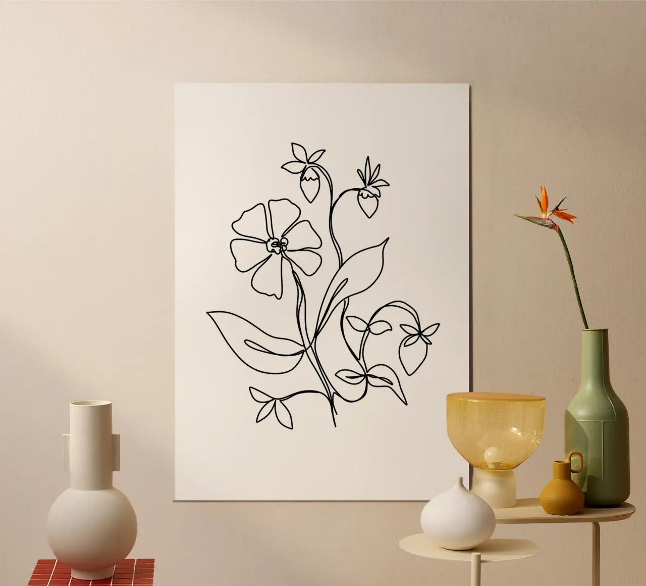 Fiori e fragole, disegno al tratto poster con telaio in alluminio da keinkonzept