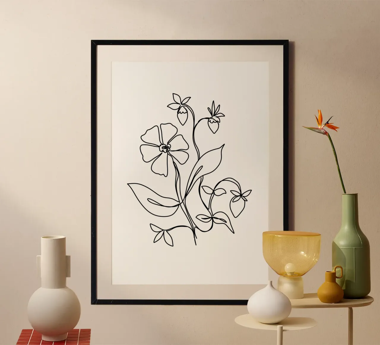 Fiori e fragole, disegno al tratto poster con telaio in alluminio da keinkonzept