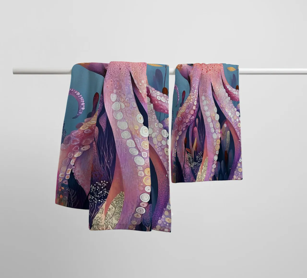 Pink octopus sea life towel by Justyna Jaszke JBJart