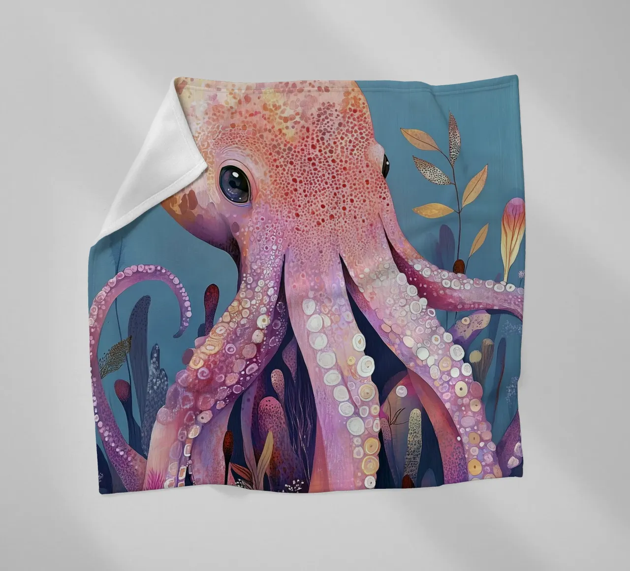 Pink octopus sea life fleece blanket by Justyna Jaszke JBJart