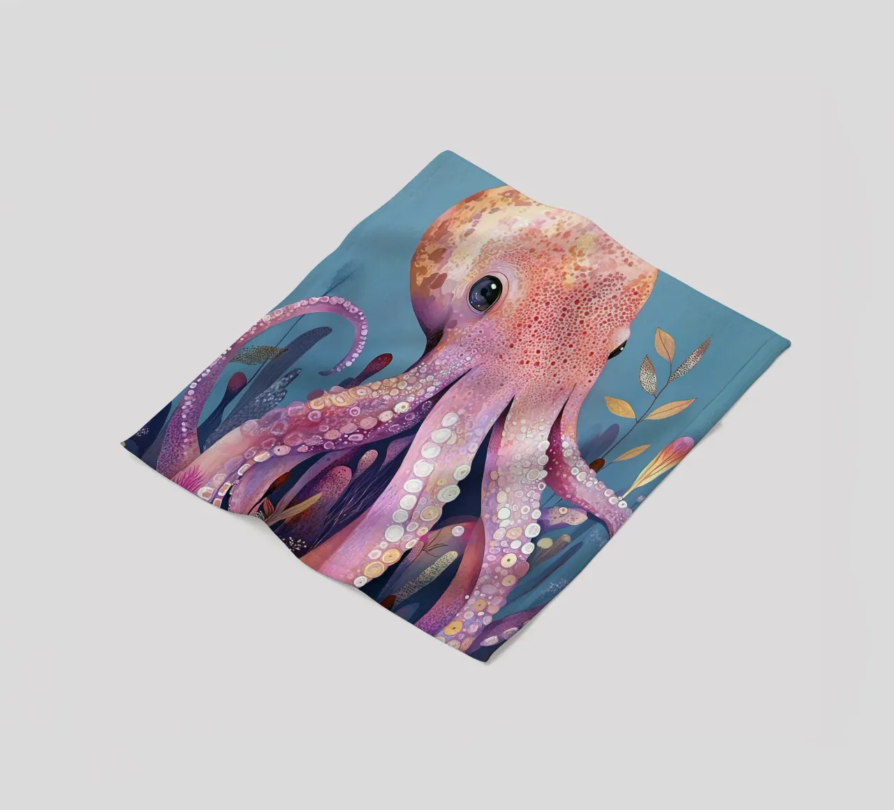 Pink octopus sea life fleece blanket by Justyna Jaszke JBJart